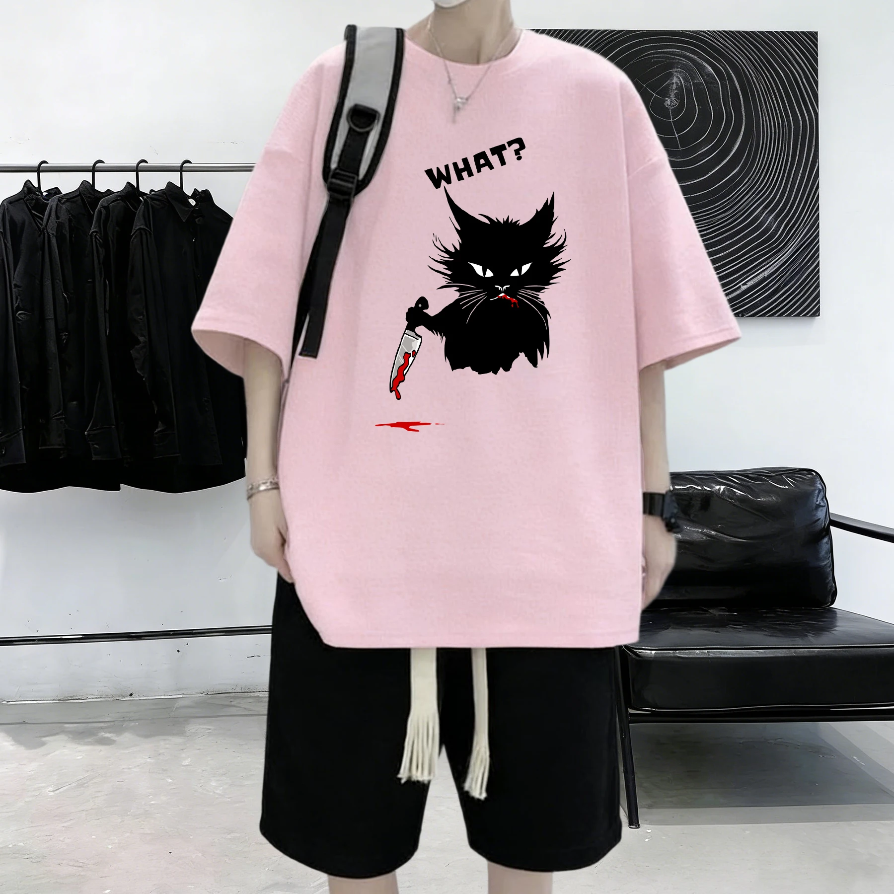 Enjoy My Work Machine Cat Prints Men All-Match Loose T-Shirt Casual Cotton Vintage Clothes Summer Comfortable Short Sleeve