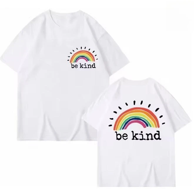 Women Be Kind T Shirt Front Back Print Hand Drawn Rainbow Graphic Casual Short Sleeve White Tee Tops