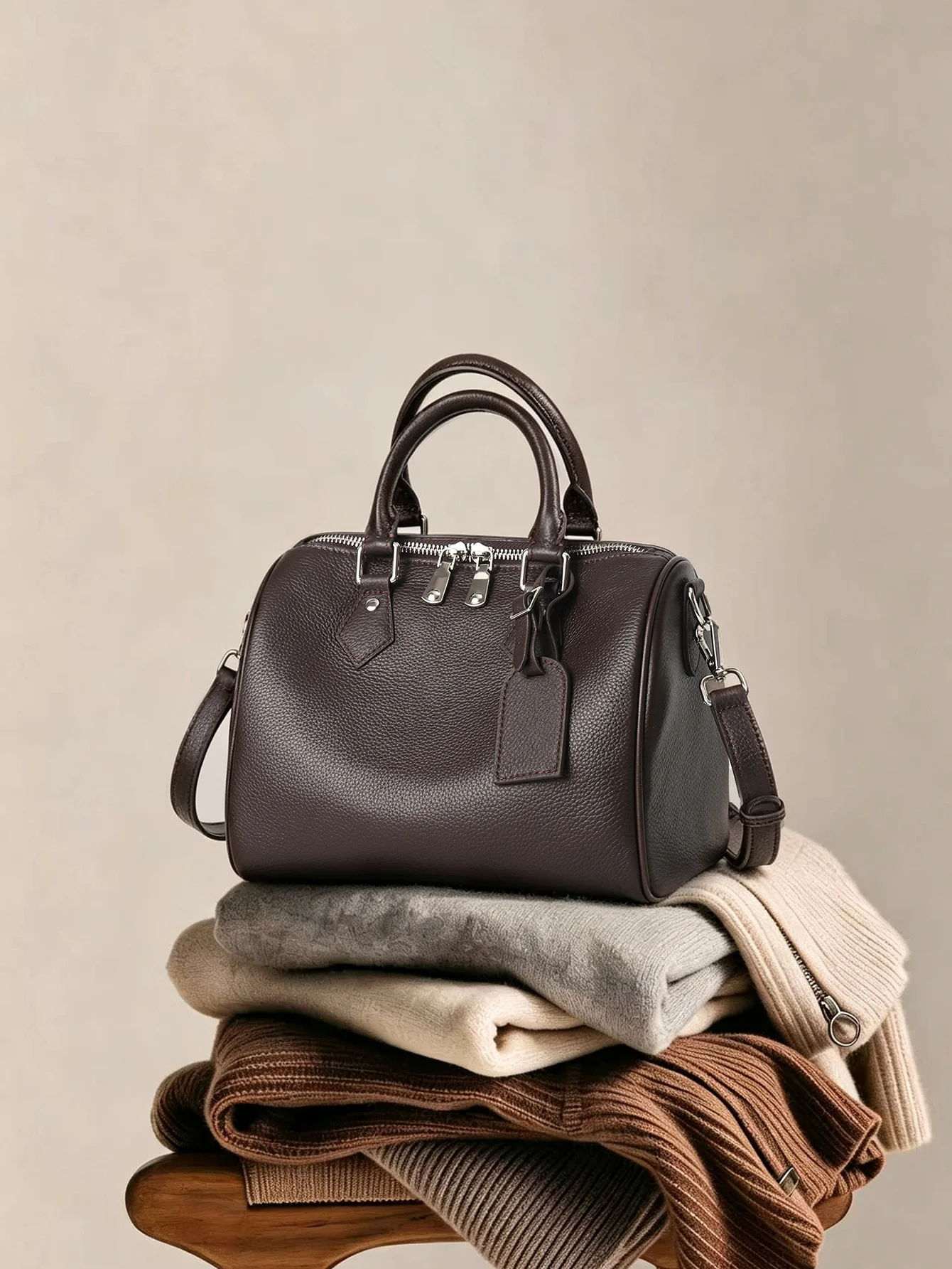 Women’s Genuine Leather Handbag Fashion Versatile Commuter Shoulder Bag Top-grain Cowhide Korean Version Boston Tote Bag