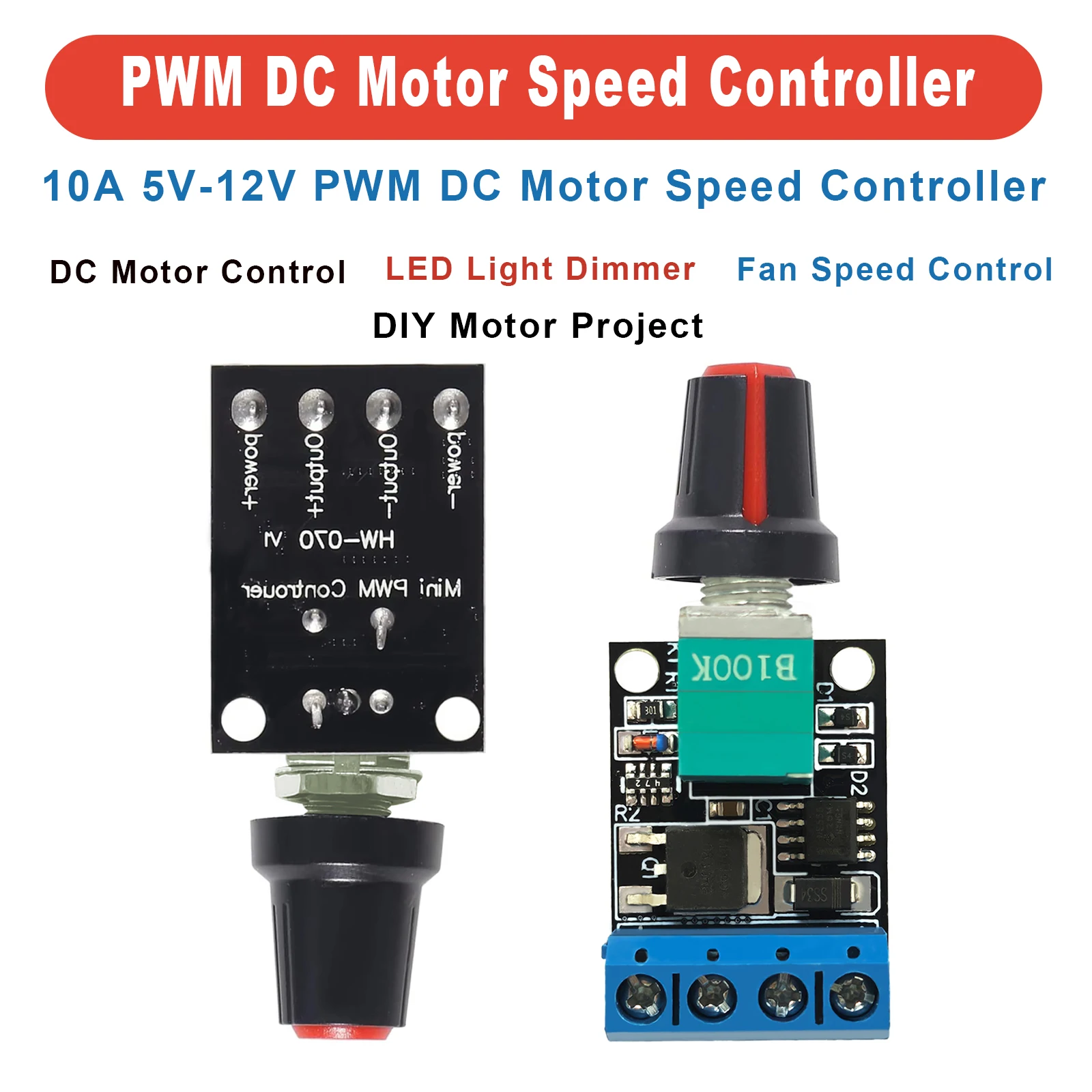 PWM DC Motor Speed Controller 5V 12V 10A Stepless Regulator Governor with Knob for LED Dimmer Mini Module DIY Fan Light PCB Kit