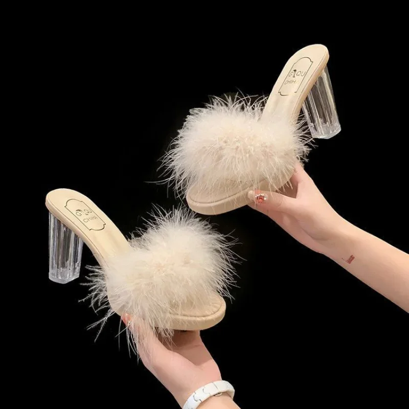 Fluffy Shoes Women\'s Slippers and Ladies Sandals Job Slides Heeled Sexy Furry Transparent Outside Open Toe Unique Easy Wears B Y