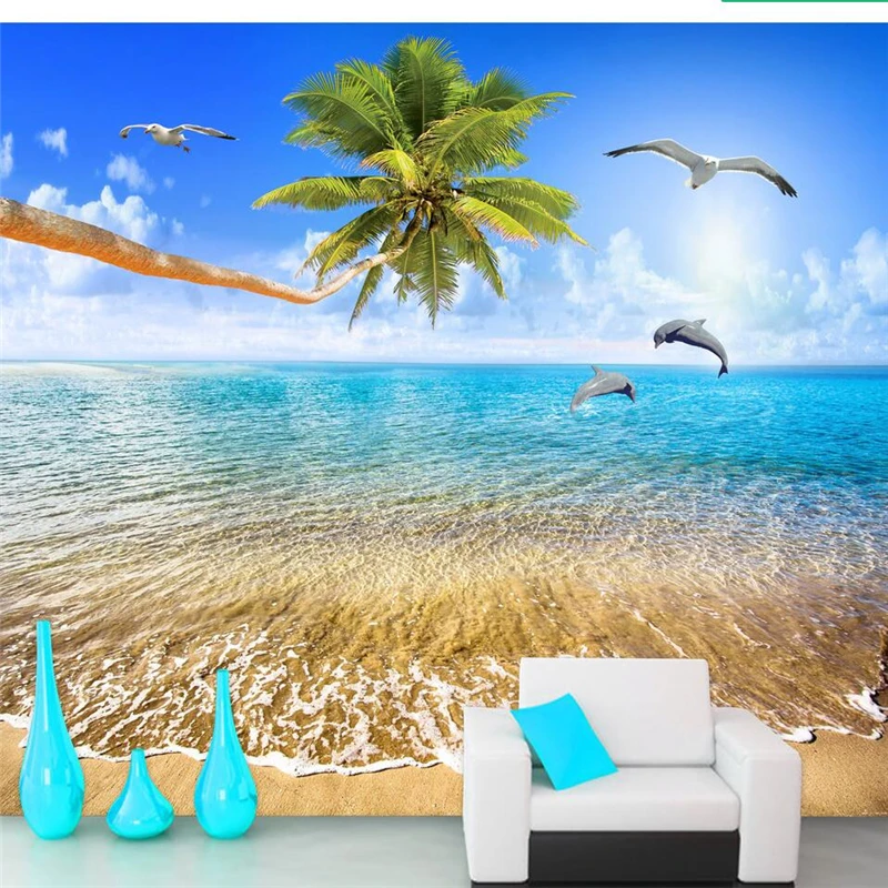 

wellyu papel de parede 3d custom wallpaper Beautiful sea view coconut love dolphin TV backdrop wall tapety behang stickers