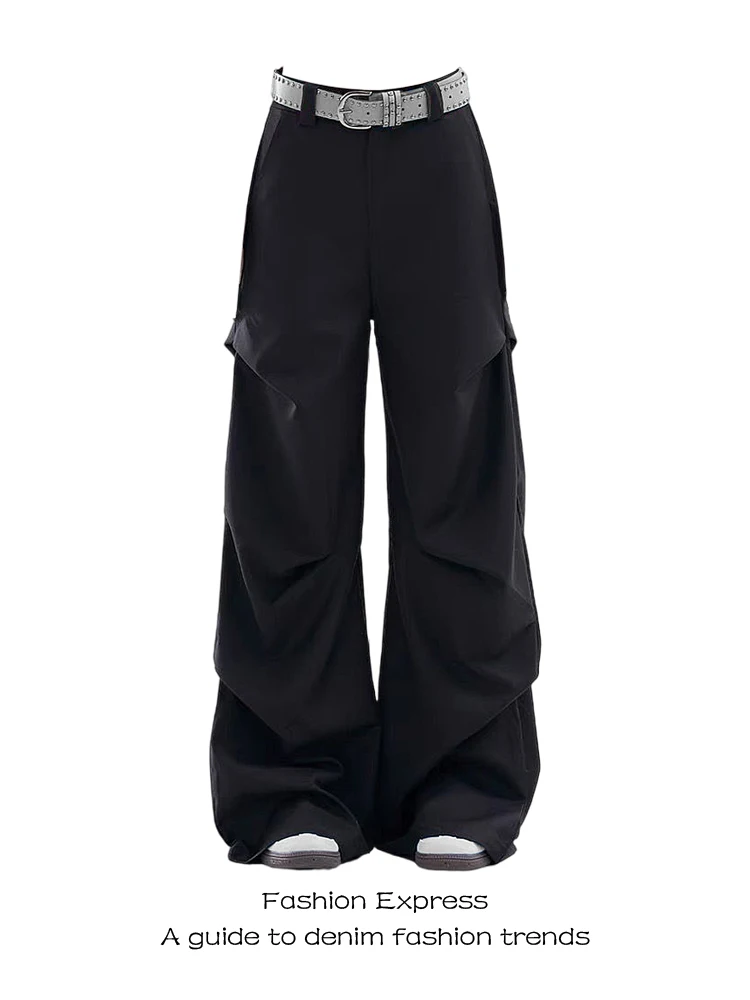 

American Retro Design Pleated Black Casual Work Pants Women's Autumn Winter High Waist Loose Drapey Wide Leg Pants