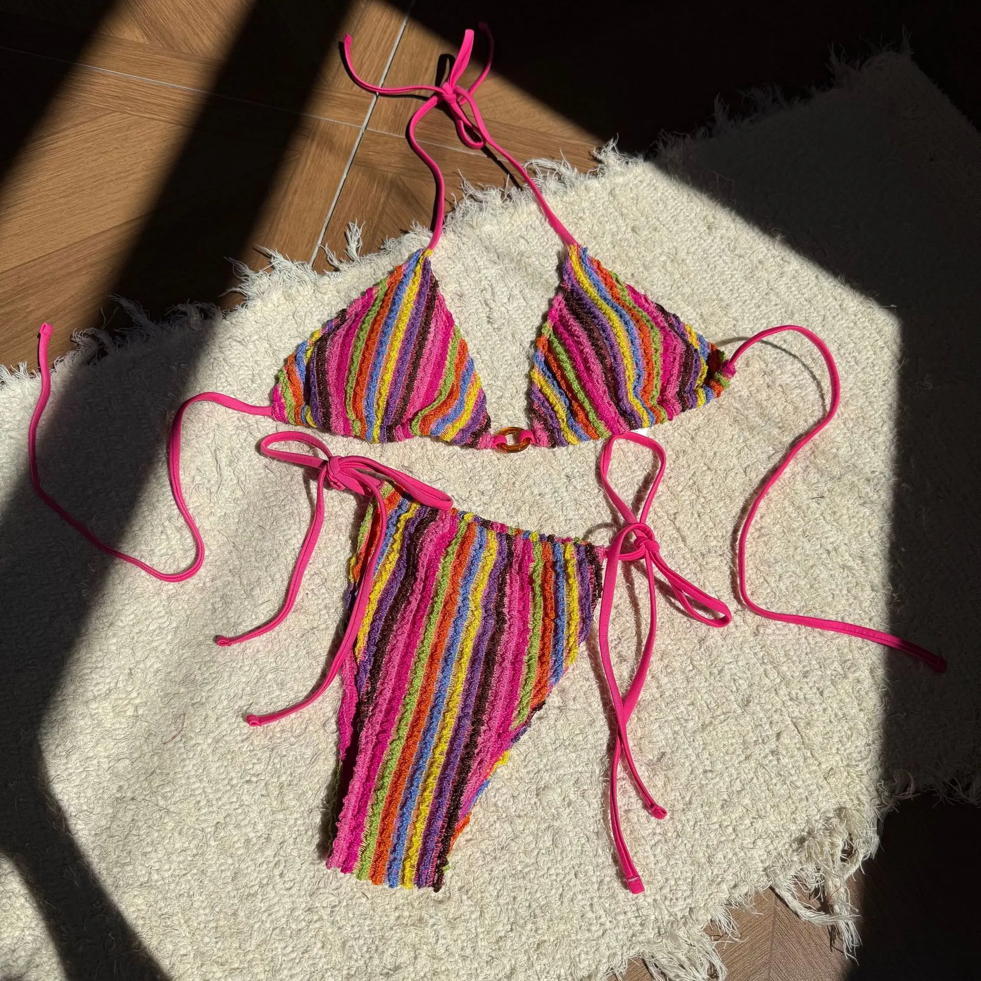 2025 ใหม่สีบล็อก jacquard ชุดว่ายน้ําสตรีสายรัดชายหาดบิกินี่ชุดว่ายน้ํา