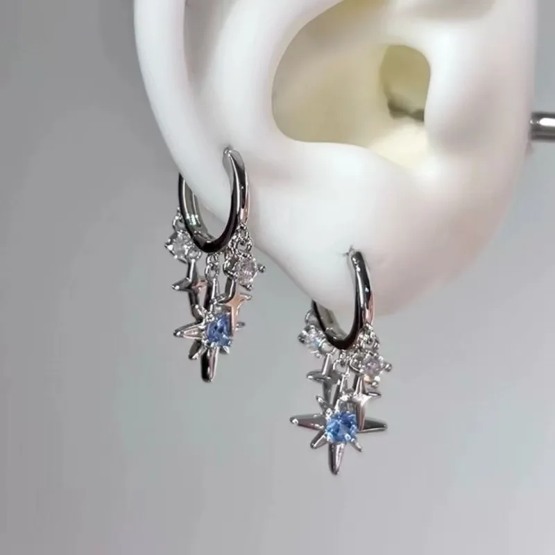 Y2K الأزرق الزركون ثمانية وأشار دلاية شكل نجمة أقراط للنساء فضية اللون ستار شرابة الأذن مشبك الحد الأدنى تصميم مجوهرات هدية