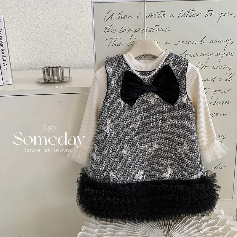 Girls Little Fragrant Style Dress 2025 Spring and Autumn New Children Elegant Glitter Princess Dress Two Piece Set