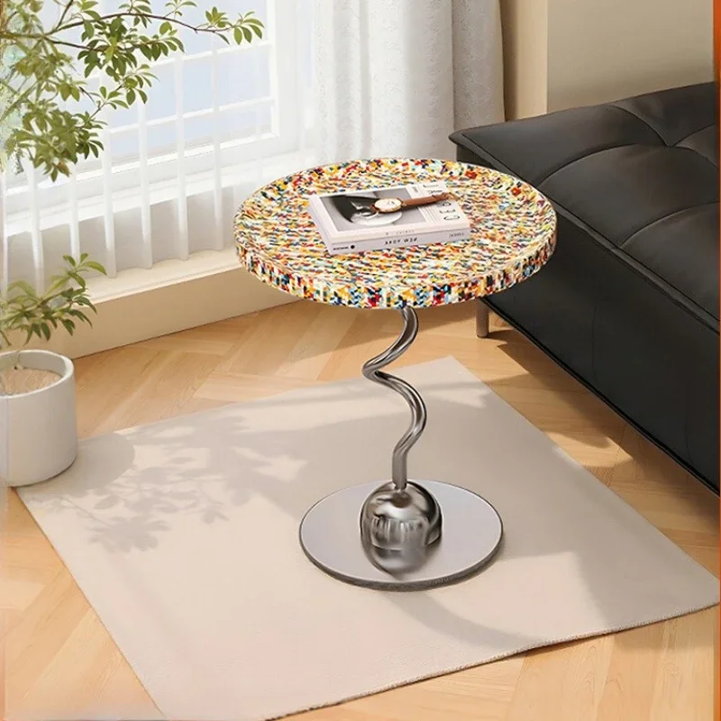 

Creative Stainless Steel Round Table, High-end Artistic Rainbow Wood Side Table, Home Living Room Coffee Table