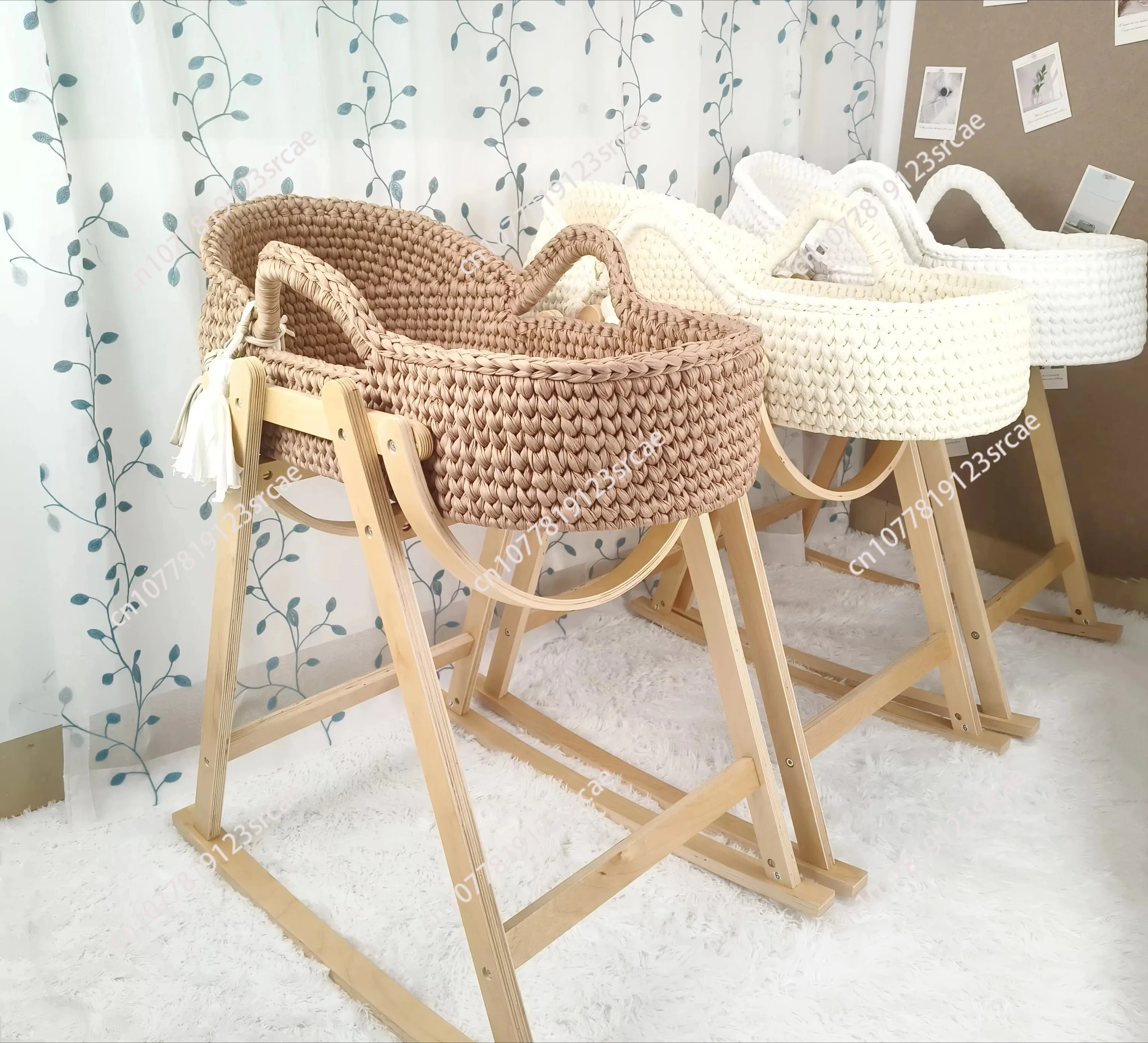 Baby Cradle Handwoven Beige Crochet Bassinet Portable Moses Basket Newborn Lounger with Wooden Stand and Soft Mattress