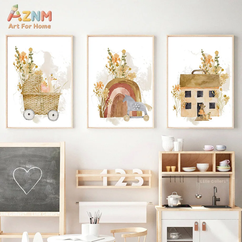 AZNM Frameless Canvas Poster Watercolor Floral Wreath Fox Bear Swan Print, Neutral Woodland Animal House Rainbow Wall Art Pictur