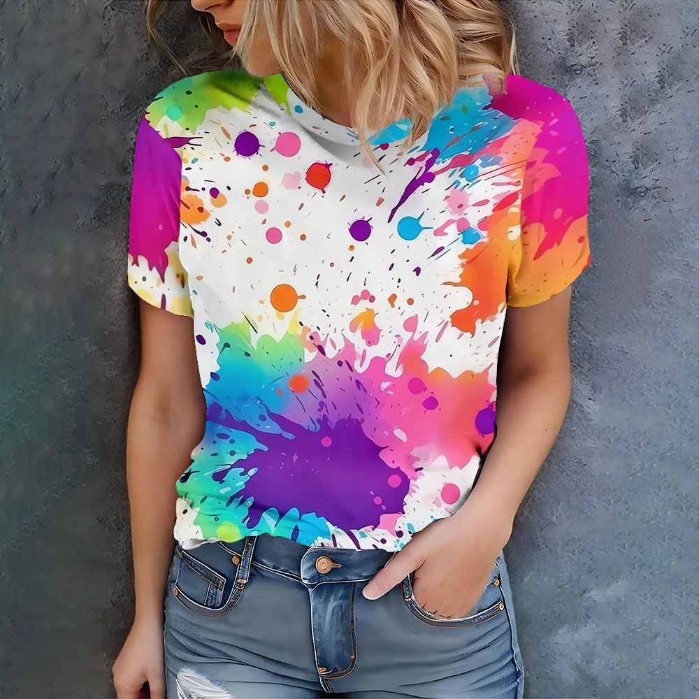 

Женская красочная футболка с принтом тай-дай и брызгами - летняя повседневная модная стильная удобная футболка с круглым вырезом и коротким рукавом