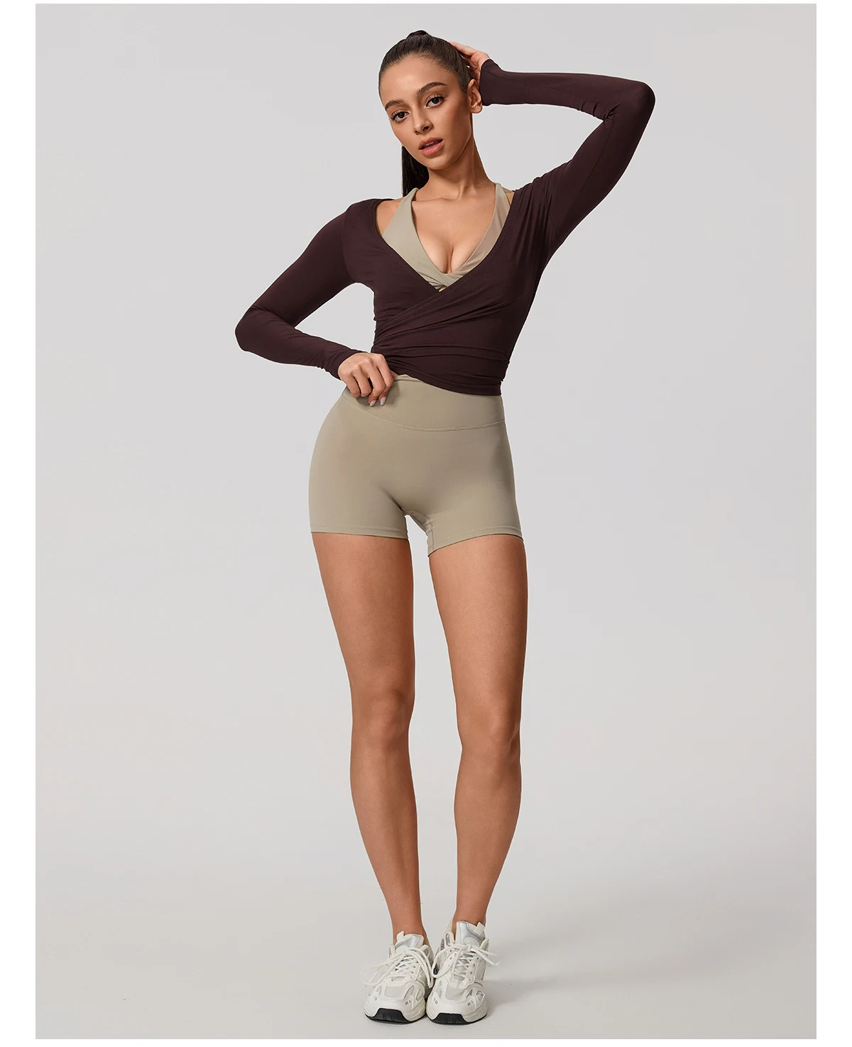Neues Sommer-Damen-Yoga-Langarm-Einteiler-Oberteil mit Trägern – Premium-Ballett-Wrap-Top für Damen – Sport-Top für das Training – Detail 20