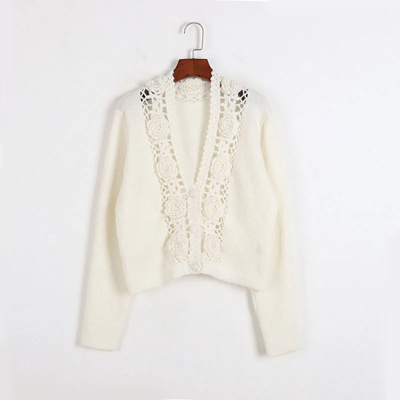 [ZOCI] Handmade Hook Hollow Out Sweater Early Autumn Winter French Mohair Flower Deep V Neck Buckle