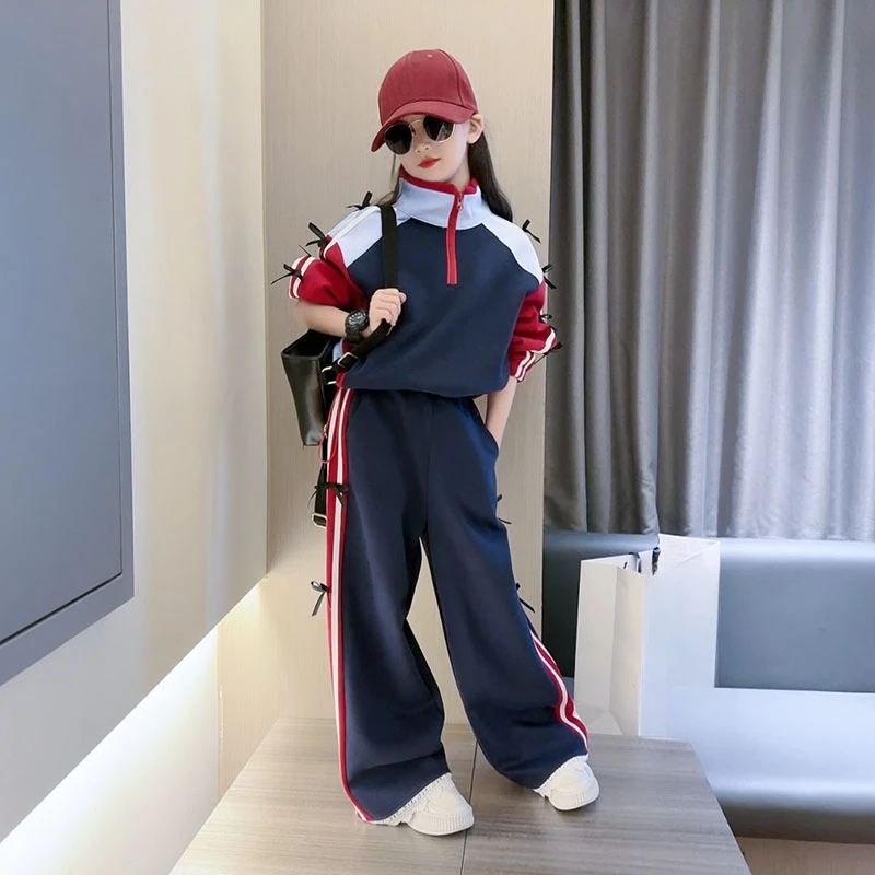 

Girls Spring Autumn Set 2026 New Korean Big Kids Stylish Loose Stripe Hooded Jacket