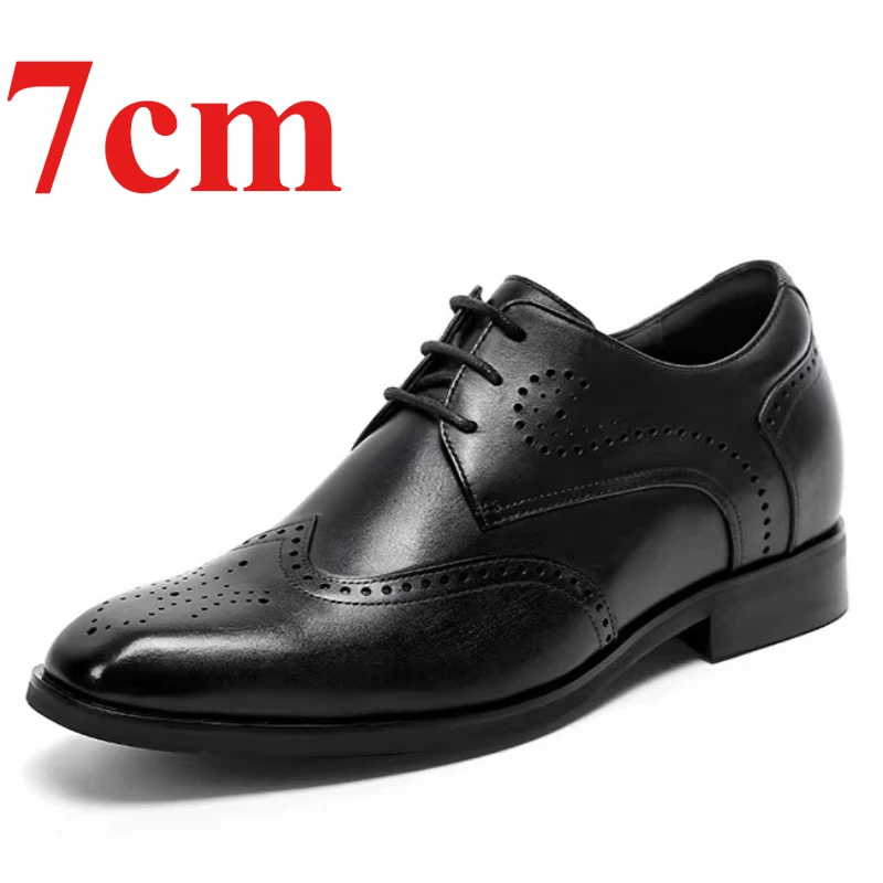 Genuine Leather Men's Dress Shoes 7cm Elevator Shoe Breathable Brock Engraved Height Increasing Shoes Groom Wedding Derby Shoes