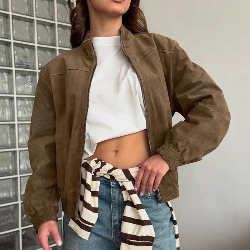 Tornova Retro Suede Jacket Coat For Women Long Sleeve Stand Collar Short Jacket High Street Autumn Winter Warm Zipper Outwear