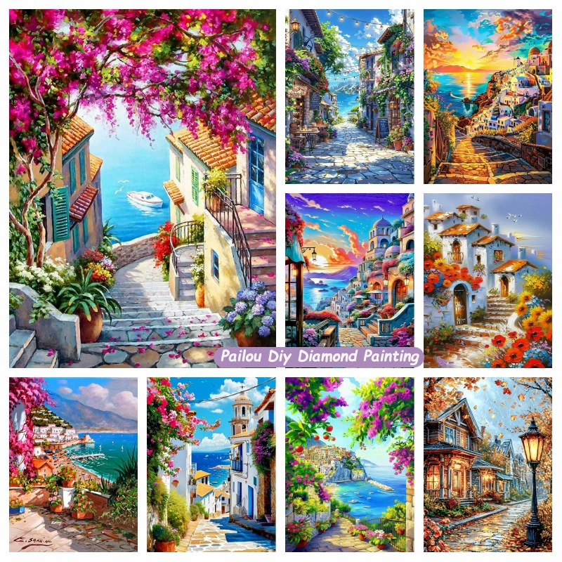 

Beautiful European Village With Flowers Scenery 5d Diamond Painting Small Towns Seaside Landscape Cross Stitch Mosaic Art Decor