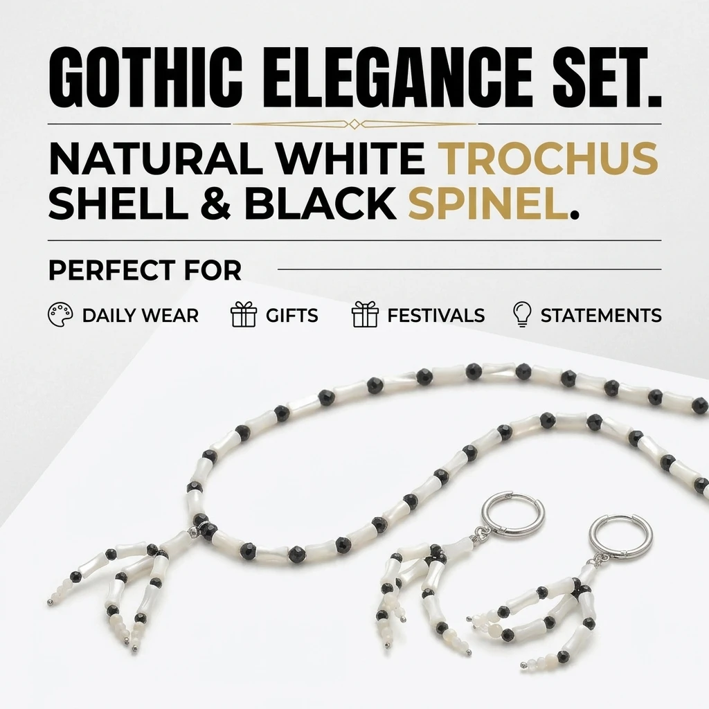 Natural Trochus Shell Black Spinel Skeleton Hand Halloween Gothic Pendant Necklace Stainless Steel Brass Chakra Protection Gifts