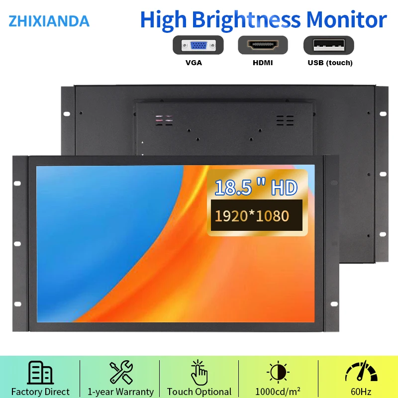 Zhixianda 18.5 Inch Sunlight Readable 1000 Nits Capacitive Touch Screen Open Frame Monitor IPS Industrial Display With HDMI VGA