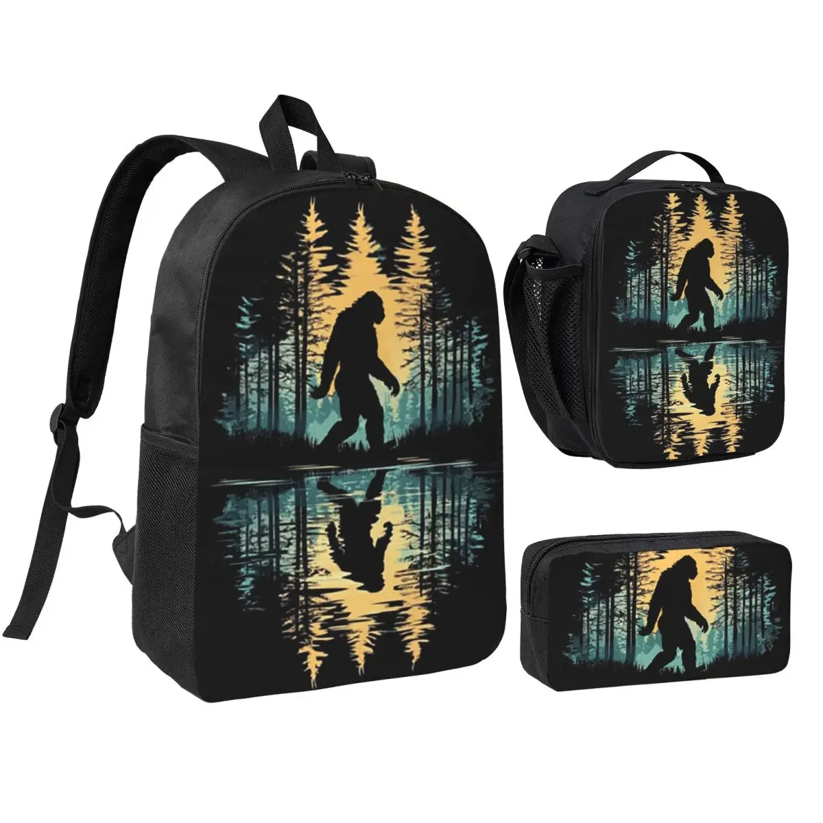 Bigfoot Standing In The Middle Of A Lake Backpack Kids BookBag School Bag Shoulder Bags 3ps Insulated Lunch Bag Pencil Case