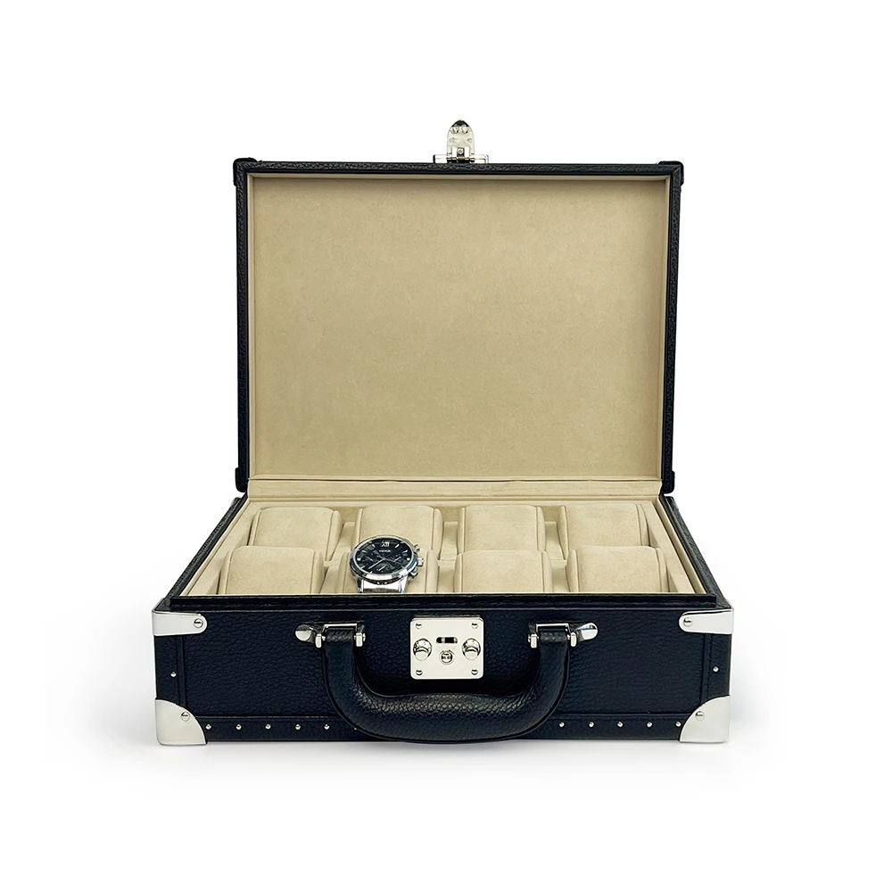 

Handmade Black Color Men's Leather Suitcase for Watch Storage 8 Slot Trunk Watch Case with Handle Made From Wood MDF Material