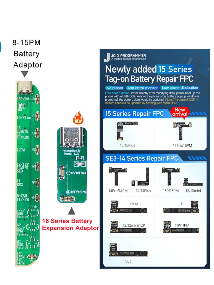 JCID Kabel Flex Tag-on do Naprawy Baterii iPhone 11 12 13 14 15 16 Pro Max - Czytanie, Zapis, Stan Baterii, Ostrzeżenie, Usuwanie — zdjęcie 2