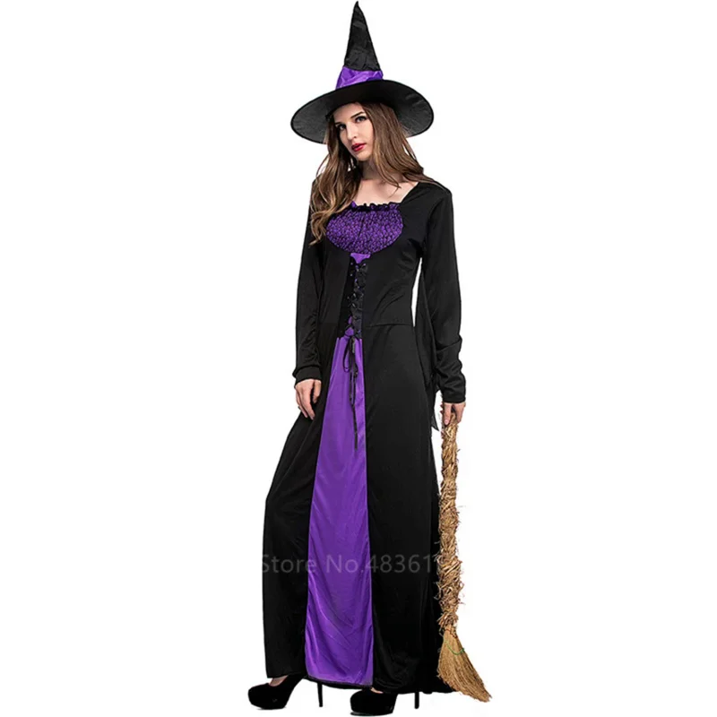 Fantasias de vampiro bruxa de Halloween para mulheres, adulto assustador, roxo, carnaval, performance de festa, drama, roupas disfarçadas com chapéu