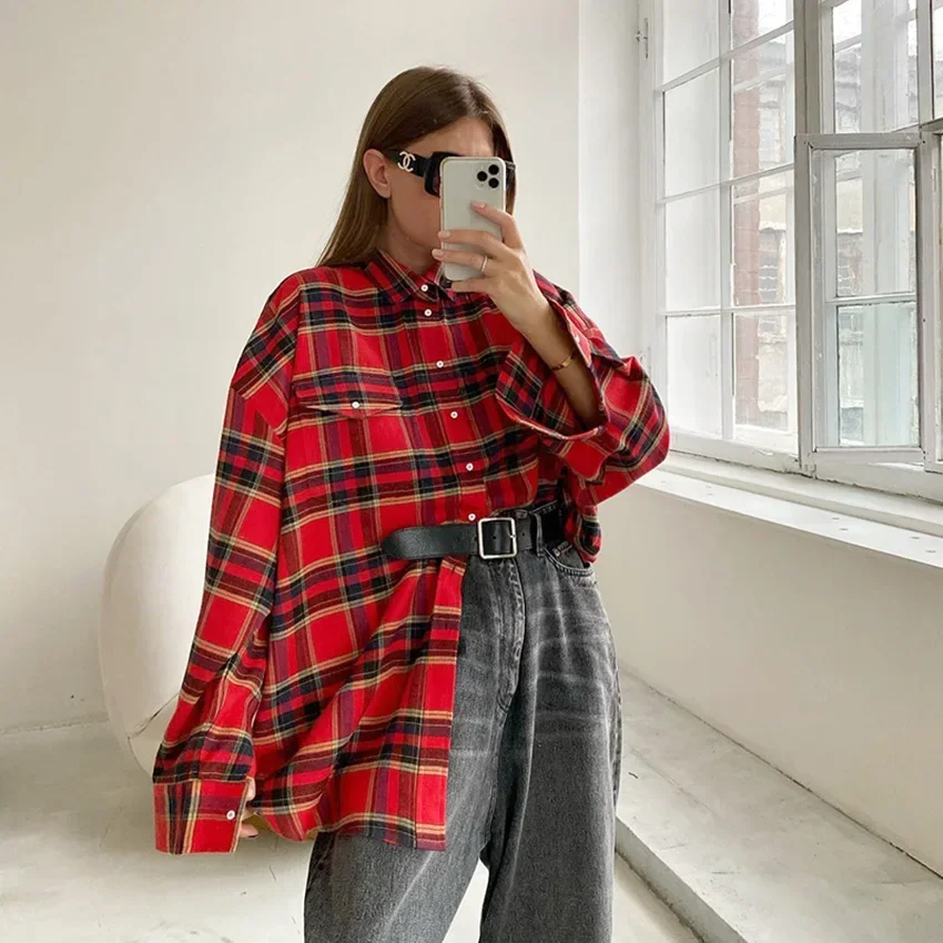 

Bright Gingham Oversized Shirts for Women Street Style Casual Shacket Blouses and Tops Single-Breasted Autumn 2023