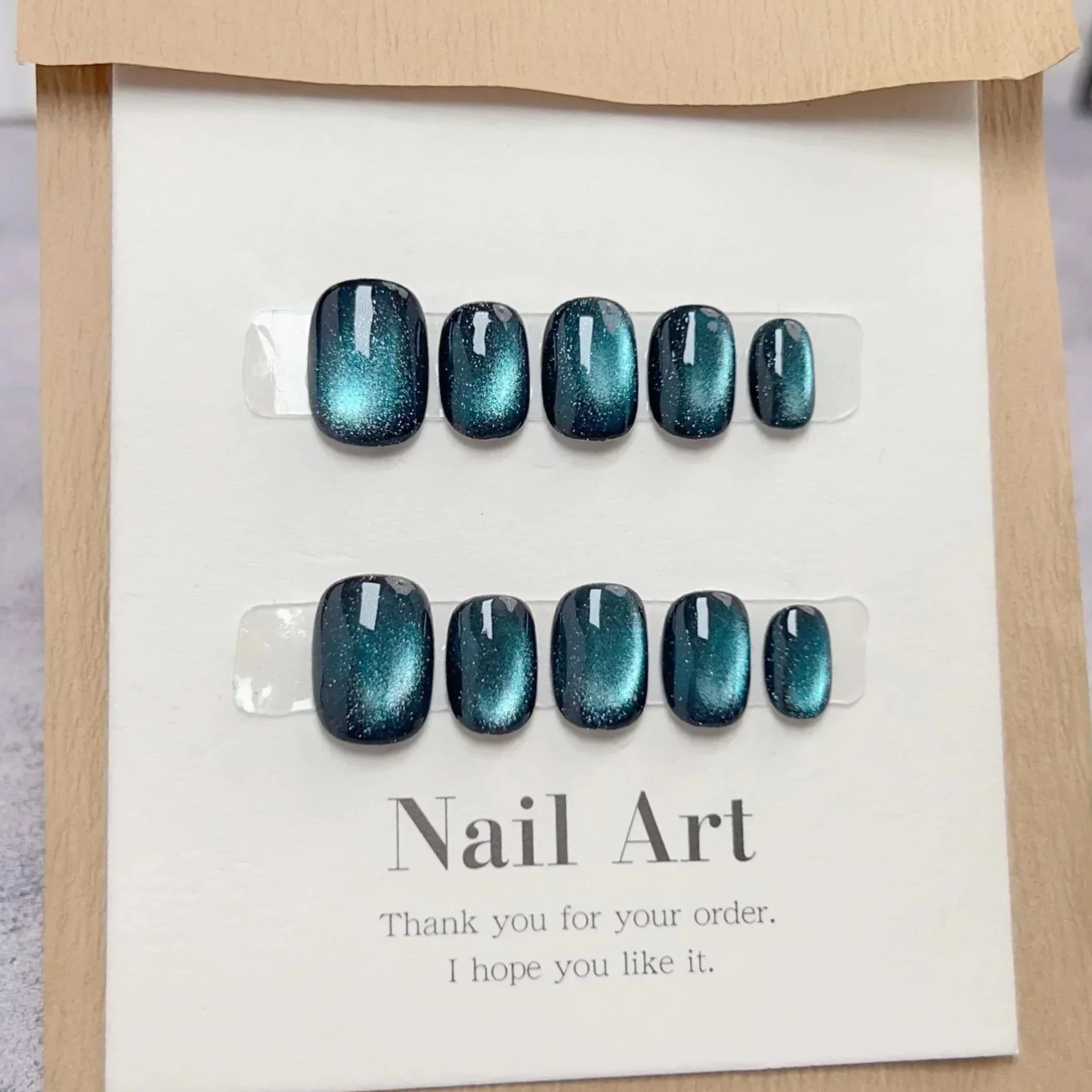 

10Pcs Short Ballerina Handmade Press on Nails Blue Cat Eye Fake Nails Wearable Stick-on Nails Full Cover False Nail Uñas 네일팁