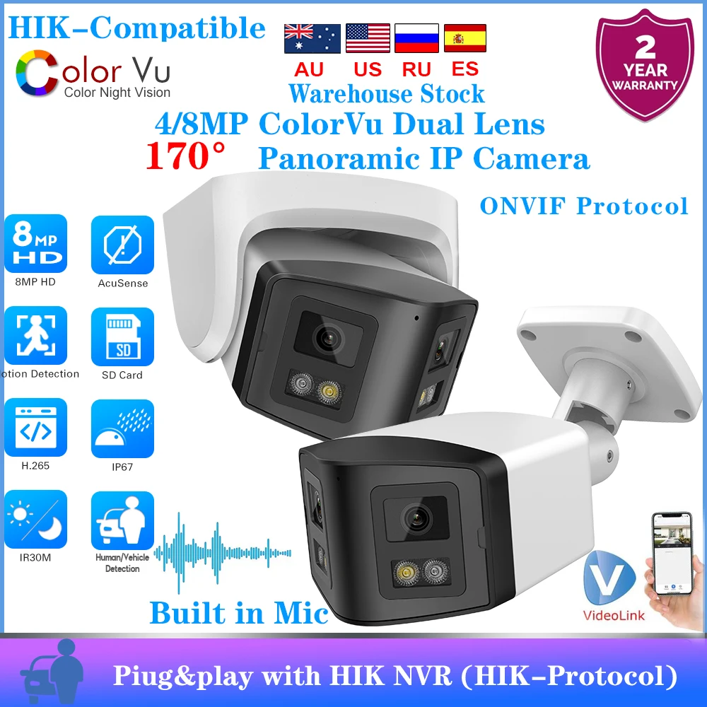 Hikvision-compatibele 4/8 MP beveiligingscamera met dubbele lens 180 °   Ultrabrede panoramische IR&ColorVu 2-weg audio Onvif-bewakingscamera