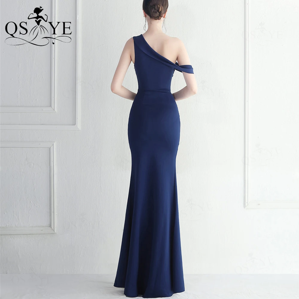 Abiti da ballo blu Navy con una spalla elasticizzato increspato aderente Sexy abito da festa lungo con spacco blu scuro elegante abito da sera da donna damigella d'onore