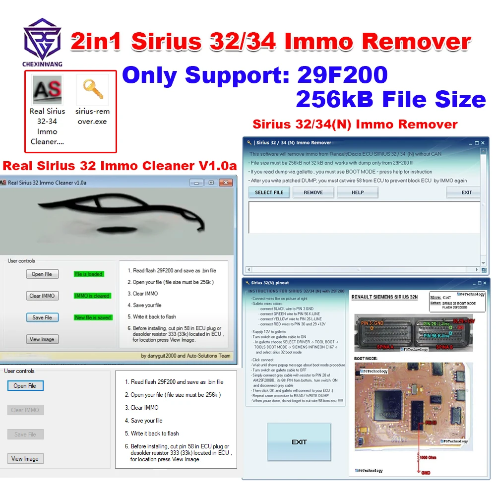 2in1 For Sirius 32-34 Immo Cleaner Remover For Sirius 32/34(N) Immo Remover For Renault For Dacia 29F200 256kB File Size