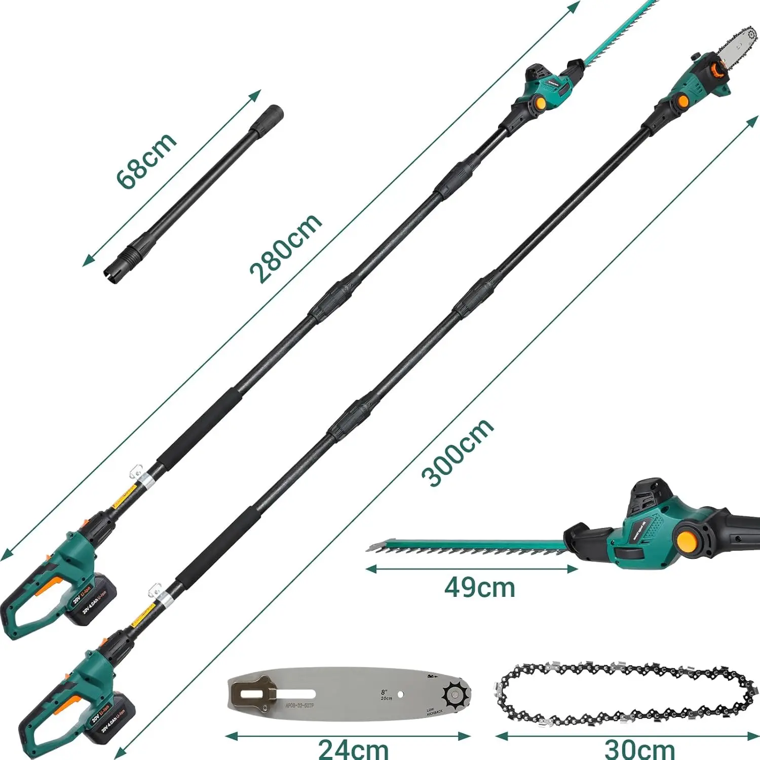 2-in-1 Cordless Telescopic Hedge Trimmer & Pole Pruner, Cordless Multi-garden Tool,20V 4.0Ah Li-Ion Battery/Charger, Multi-angle