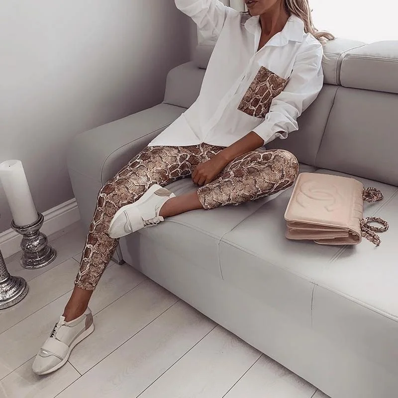 

Spring Ladies Shirts Casual Suit Sets Two Piece Set Snake Contrast Pocket Top & Slim Fit Long Pants