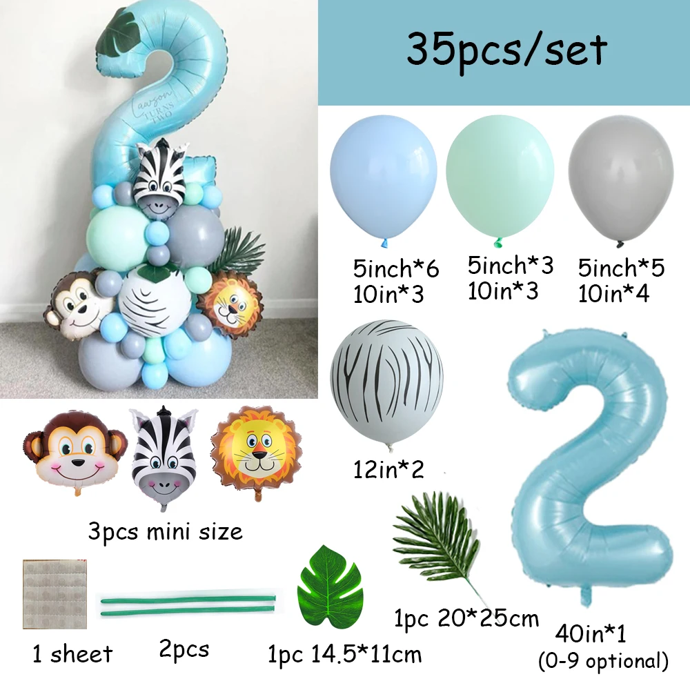 35pcs Jungle Safari Party Animal Balloons Set Blue Digital Balloon Kids 1 2 3 4 5 6 7 8 9 Years Birthday Party Decoration Globos