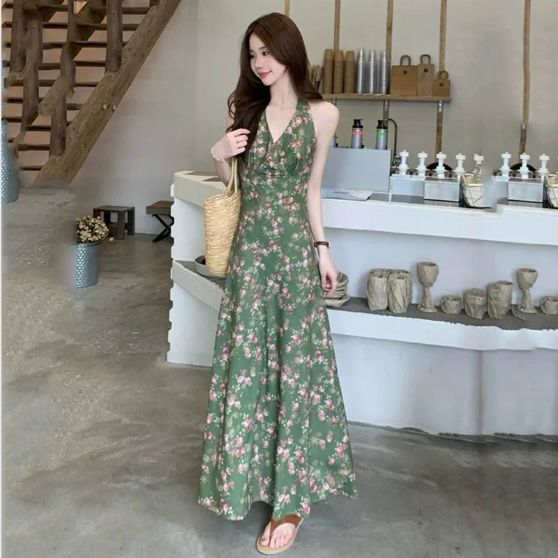 Damen Blumenmuster Neckholder Maxikleid 2026 Neu V-Ausschnitt Ärmellos Rückenfrei Fließendes A-Linien Freizeit Sommerkleid Schickes Damen Sexy Kleid