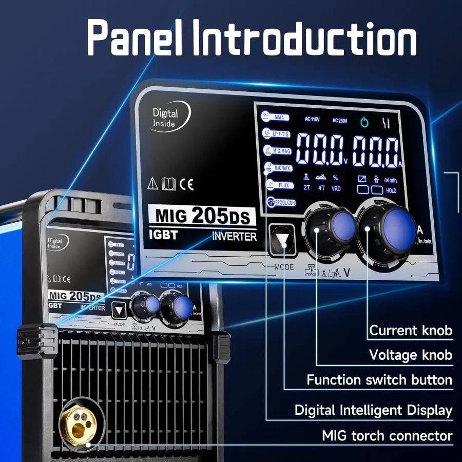 RILAND MIG205DS PRO 200Amp آلة لحام MIG ذات الجهد المزدوج لإصلاح السيارات وتصنيع المعادن ومشاريع ذاتية الصنع 5in1 متعددة