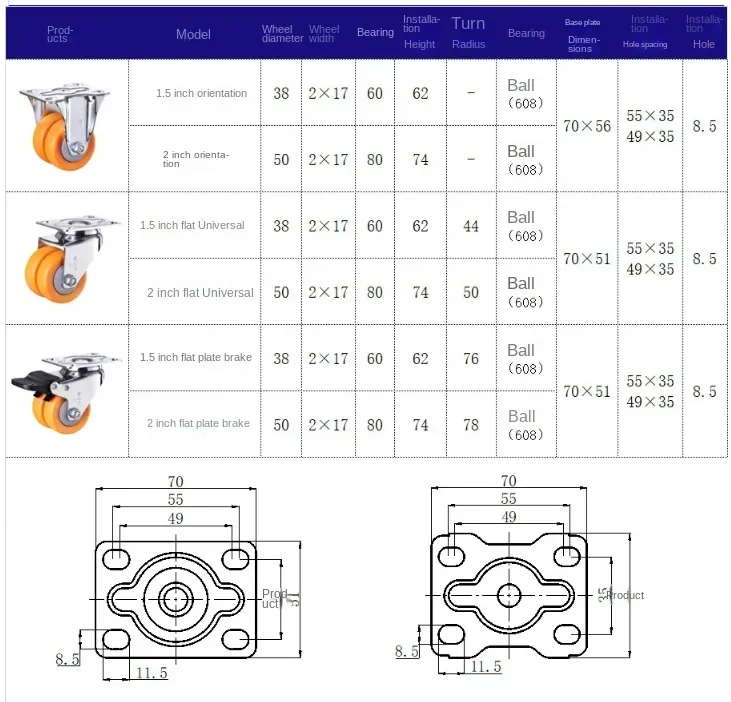 4 Pcs 2 Inch Swivel Casters -low-profile Chrome-plated Nylon Dual Wheels, Heavy-duty Industrial Use