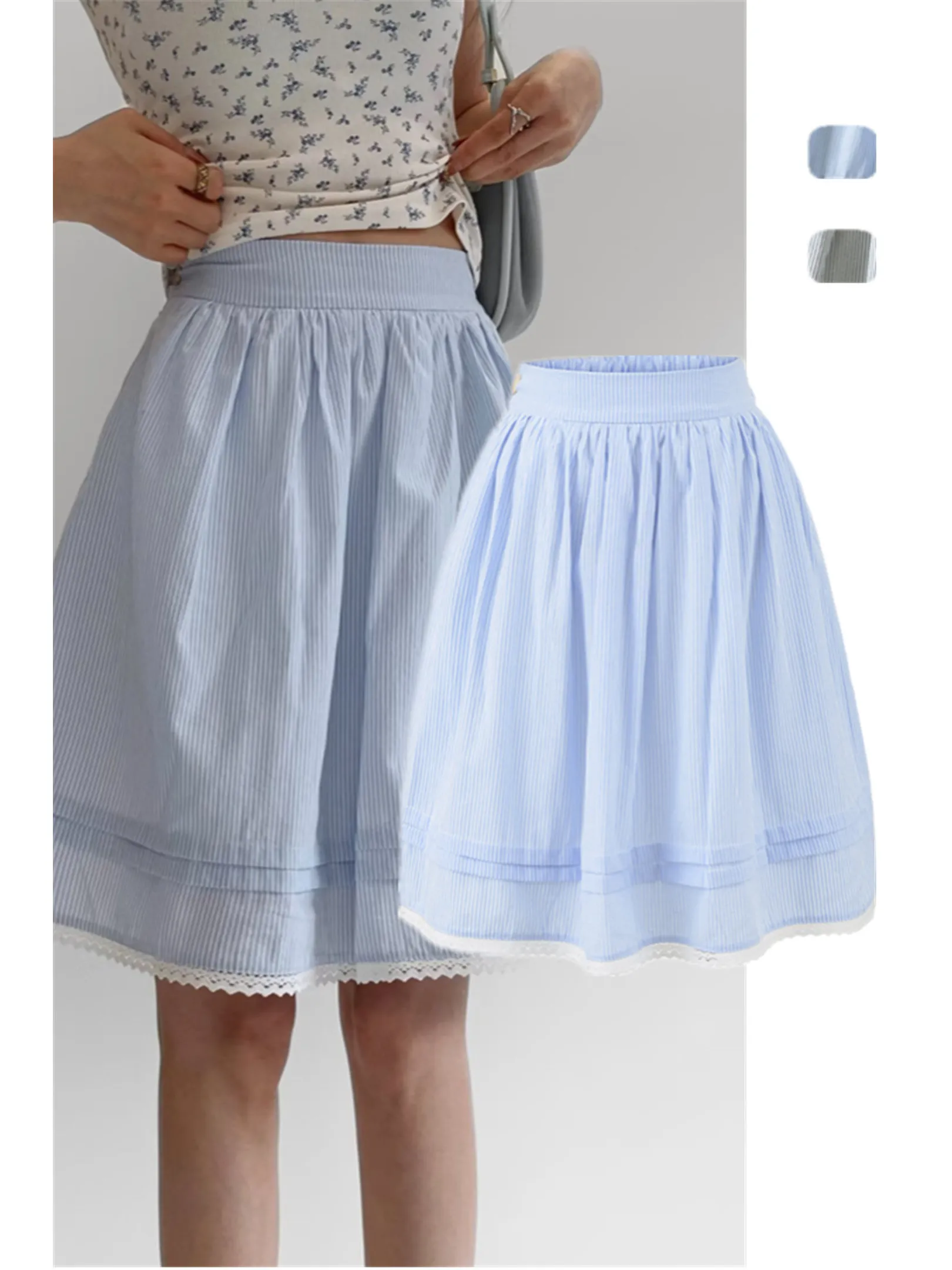 

Парижская юбка в стиле преппи синего цвета в полоску с кружевной отделкой, с высокой талией, универсальная, короткая, для уличного стиля, приятная к телу, дышащая