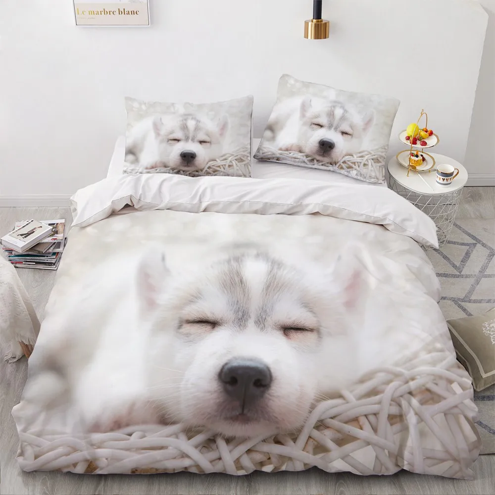 Lovely Animal 3D Bedding Sets White Duvet Quilt Cover Set Comforter Bed Linen Pillowcase King Queen 200*220cm Size Dogs Pets Dog