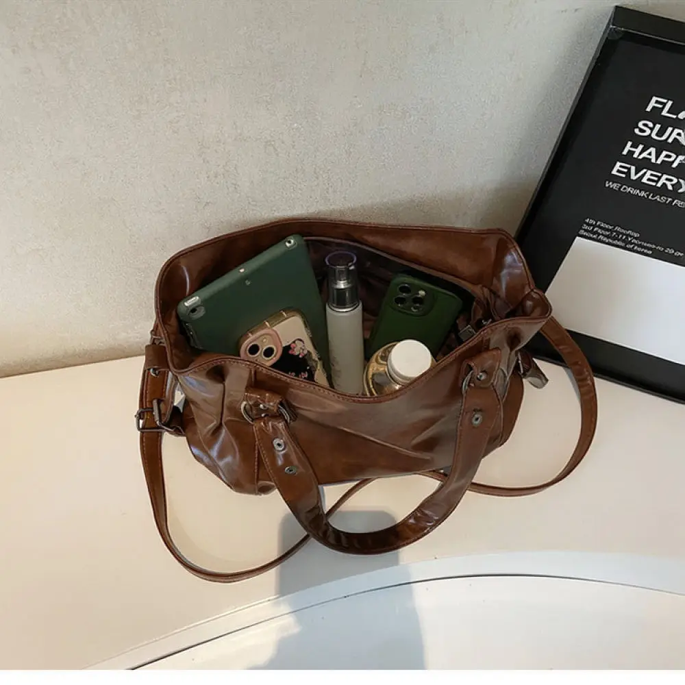 Fashionable Soft Leather Tote Bag Rivet Shoulder Handbag Women Casual Crossbody Purse Large Capacity Daily Satchel
