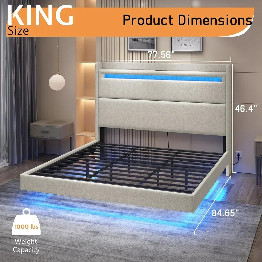 Bett rahmen mit LED-Leuchten, gepolstertes Plattform bett mit Ladestation und Stauraum-Wingback-Kopfteil, keine Box feder erforderlich