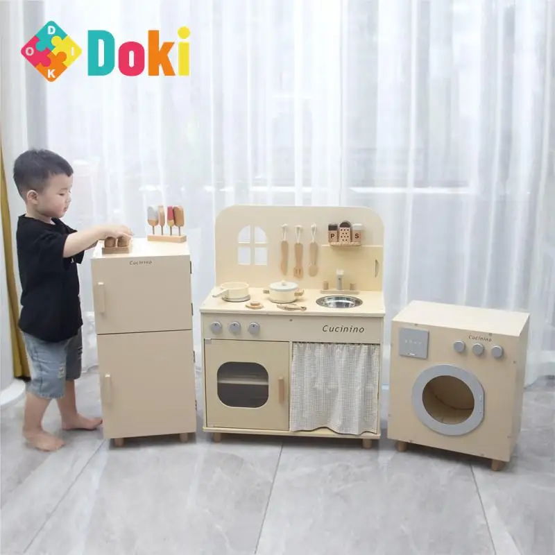 

DokiToy New Wooden Simulation Home Kitchen Toy Set Combination Girl Boy Baby Cooking Kitchenware Refrigerator 2024 DropShipping