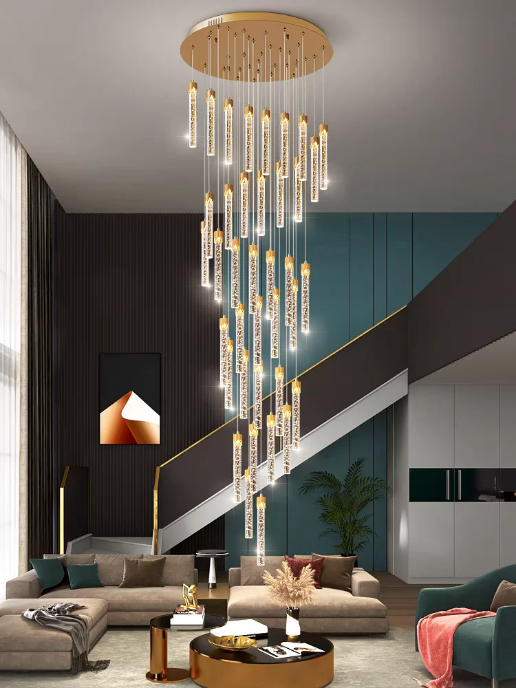 Modern long crystal LED ceiling pendant light, luxury villa living room staircase pendant light, home decoration light,