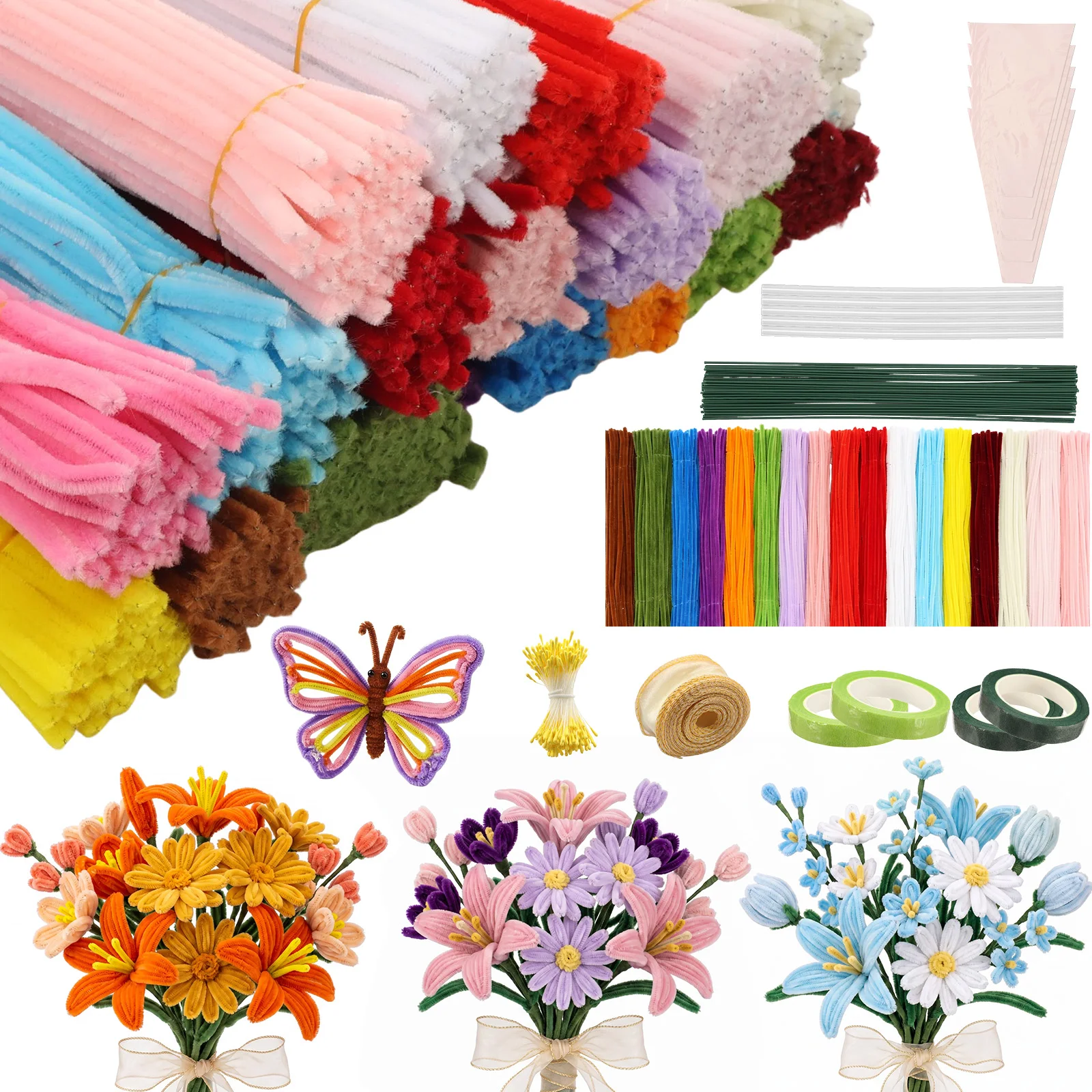 Colorful Pipe Cleaners Plush Stem Wired Twist Sticks Pipe Cleaner Flower Making Kit with Hot Glue Stick Flower Handmade Craft view 6