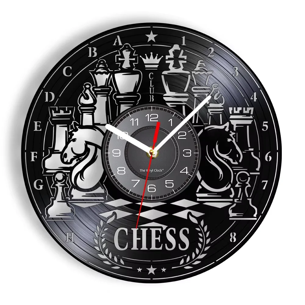 Chess Board Vinyl Record Wall Clock Chess Wall Art Home Decor Chessboard and Pieces Silent Non Ticking Wall Watch Chess Gift