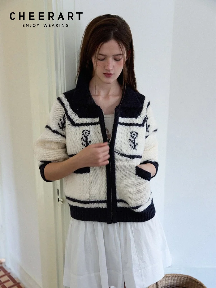 

CHEERART свитер-тюльпан, кардиганы, женская осенняя одежда, свитера с воротником, трикотаж на молнии, осень 2024, модная одежда в консервативном стиле