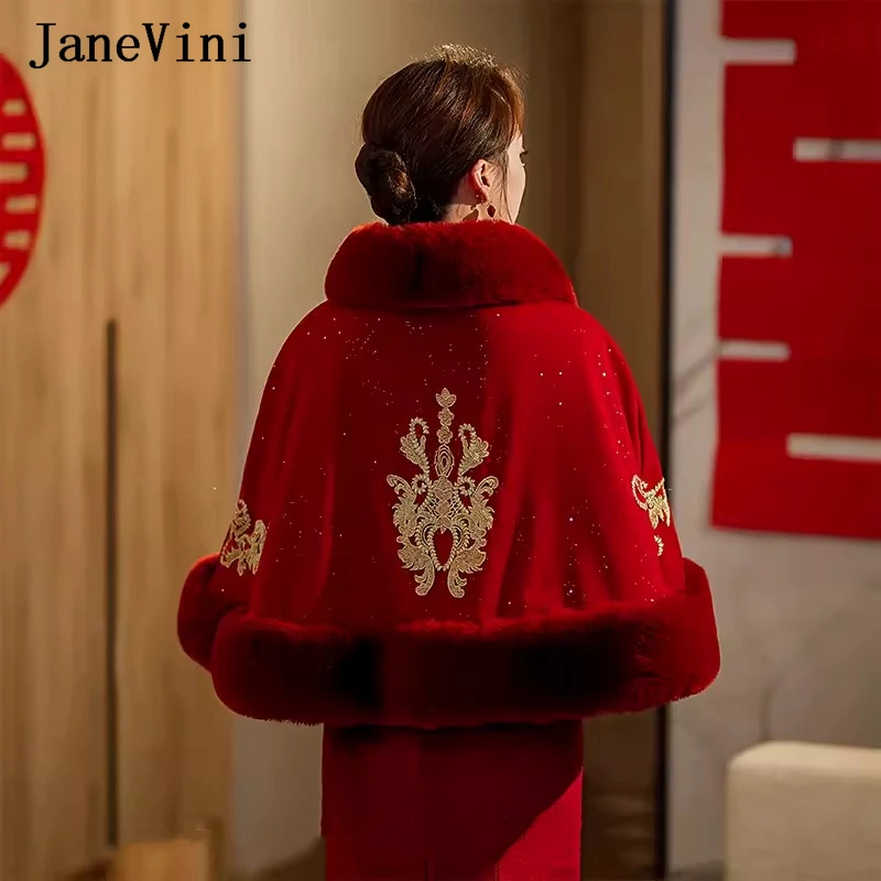 Janevini Winter Saudi-Arabië Vrouwen Bont Capes Bolero Shrug Bordeauxrode Sjaal Gouden Appliques Nepbont Bruidswraps Mantel Jas Gestolen