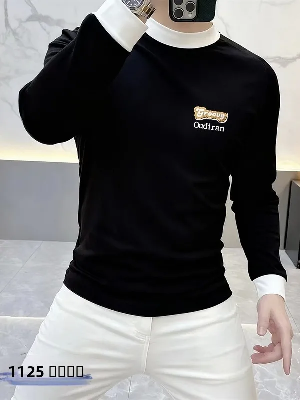 

Мужская приталенная двусторонняя флисовая базовая футболка с вышивкой и цветовыми блоками, модная универсальная внутренняя одежда для осени и зимы