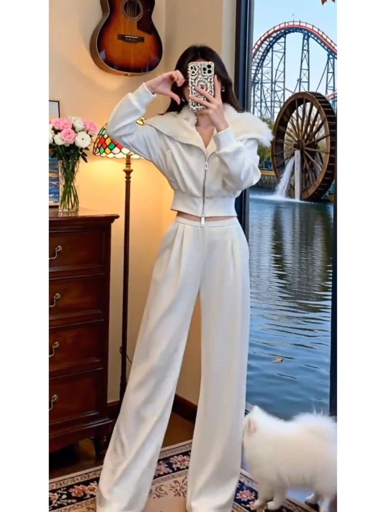 

Retro Double Zipper Long Sve Faux Camere Coat Women's Lazy Sle Casual Wide Leg Pants Spicy Girl Fce Lined Set