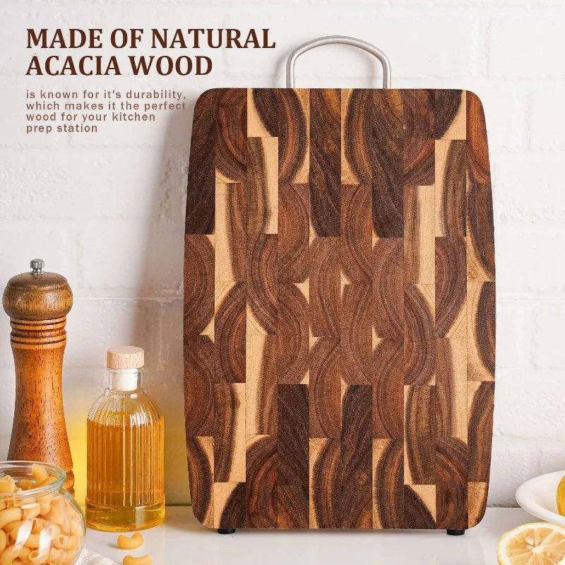 

Geometric Acacia Wood Cutting Board - Large Kitchen Chopping Board with Hang Hole for Wall Storage, Dishwasher Safe
